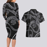 Hawaiian Kakau Art and Hisbiscus Tattoo Couples Matching Long Sleeve Bodycon Dress and Hawaiian Shirt Tribal Pattern-Silver Style - Polynesian Pride