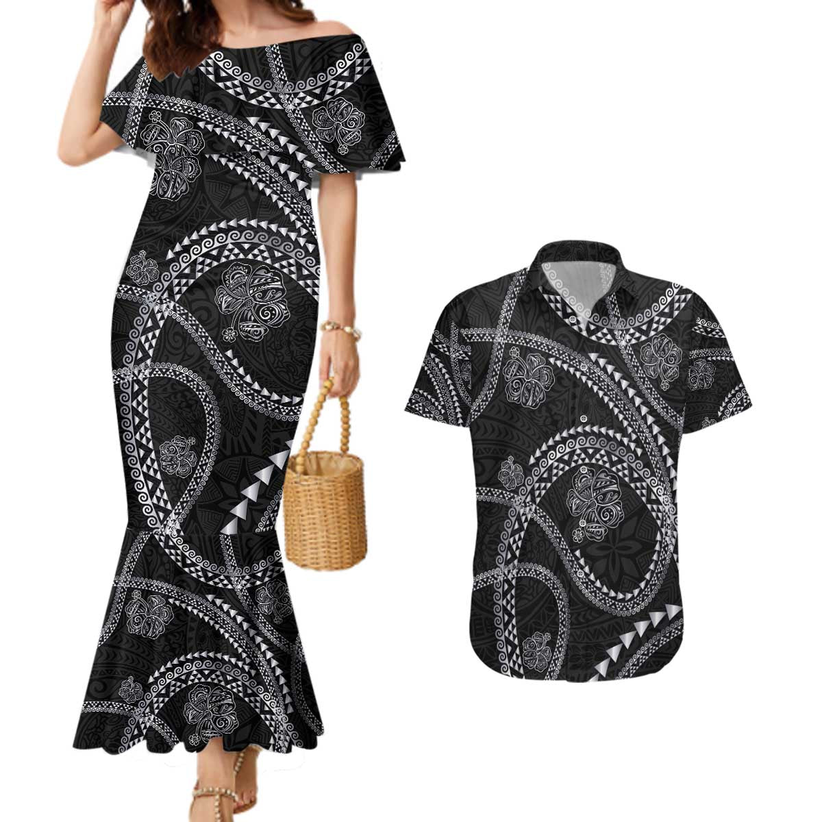 Hawaiian Kakau Art and Hisbiscus Tattoo Couples Matching Mermaid Dress and Hawaiian Shirt Tribal Pattern-Silver Style - Polynesian Pride