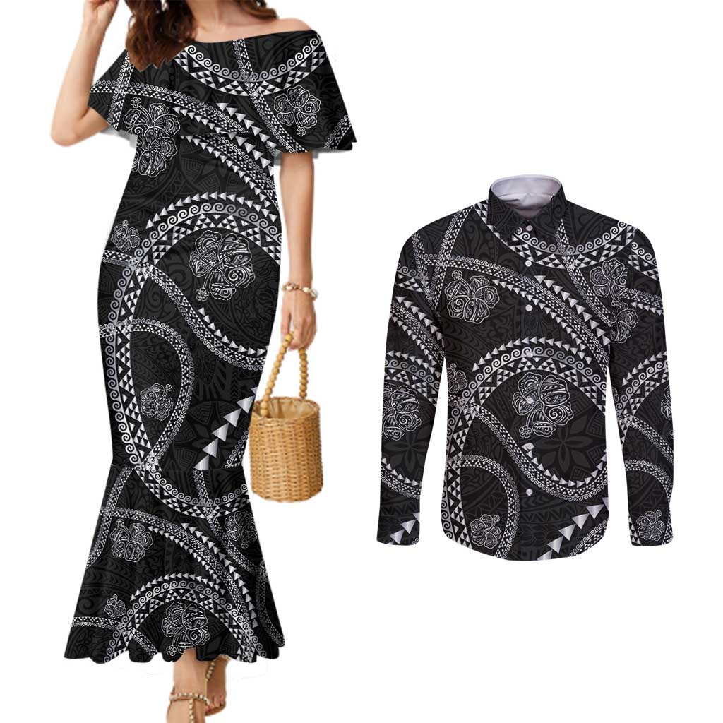 Hawaiian Kakau Art and Hisbiscus Tattoo Couples Matching Mermaid Dress and Long Sleeve Button Shirt Tribal Pattern-Silver Style - Polynesian Pride