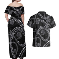 Hawaiian Kakau Art and Hisbiscus Tattoo Couples Matching Off Shoulder Maxi Dress and Hawaiian Shirt Tribal Pattern-Silver Style - Polynesian Pride