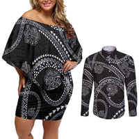 Hawaiian Kakau Art and Hisbiscus Tattoo Couples Matching Off Shoulder Short Dress and Long Sleeve Button Shirt Tribal Pattern-Silver Style - Polynesian Pride
