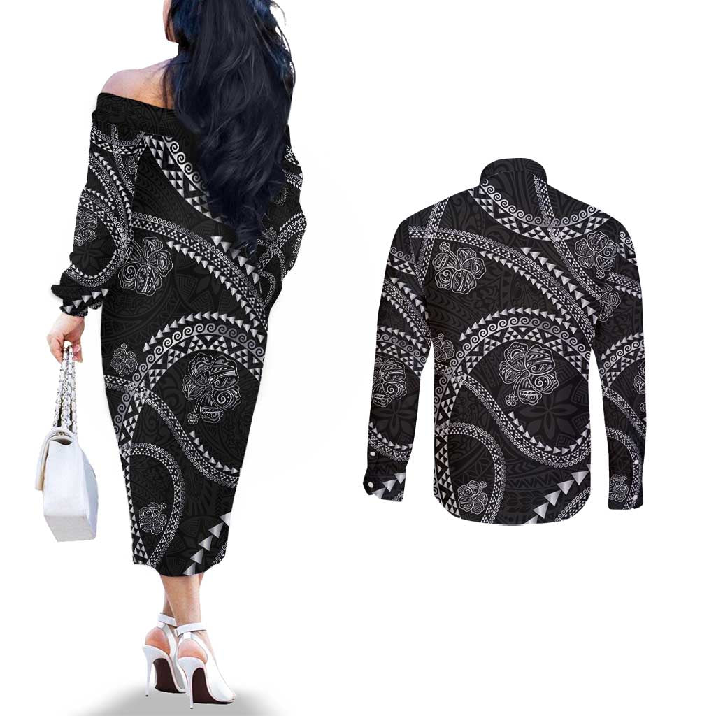 Hawaiian Kakau Art and Hisbiscus Tattoo Couples Matching Off The Shoulder Long Sleeve Dress and Long Sleeve Button Shirt Tribal Pattern-Silver Style - Polynesian Pride