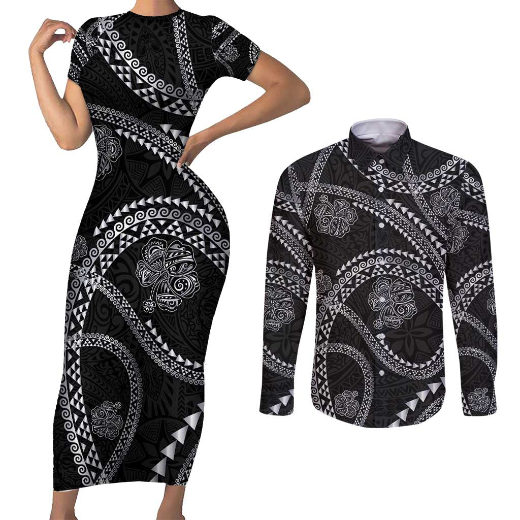 Hawaiian Kakau Art and Hisbiscus Tattoo Couples Matching Short Sleeve Bodycon Dress and Long Sleeve Button Shirt Tribal Pattern-Silver Style - Polynesian Pride
