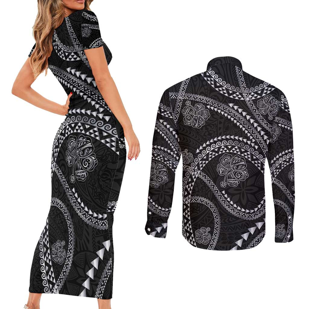Hawaiian Kakau Art and Hisbiscus Tattoo Couples Matching Short Sleeve Bodycon Dress and Long Sleeve Button Shirt Tribal Pattern-Silver Style - Polynesian Pride