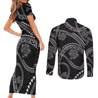 Hawaiian Kakau Art and Hisbiscus Tattoo Couples Matching Short Sleeve Bodycon Dress and Long Sleeve Button Shirt Tribal Pattern-Silver Style - Polynesian Pride