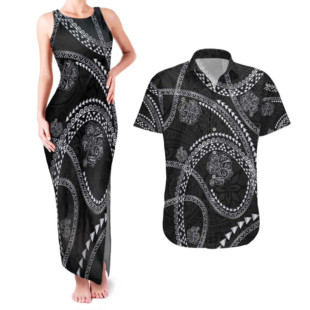 Hawaiian Kakau Art and Hisbiscus Tattoo Couples Matching Tank Maxi Dress and Hawaiian Shirt Tribal Pattern-Silver Style - Polynesian Pride