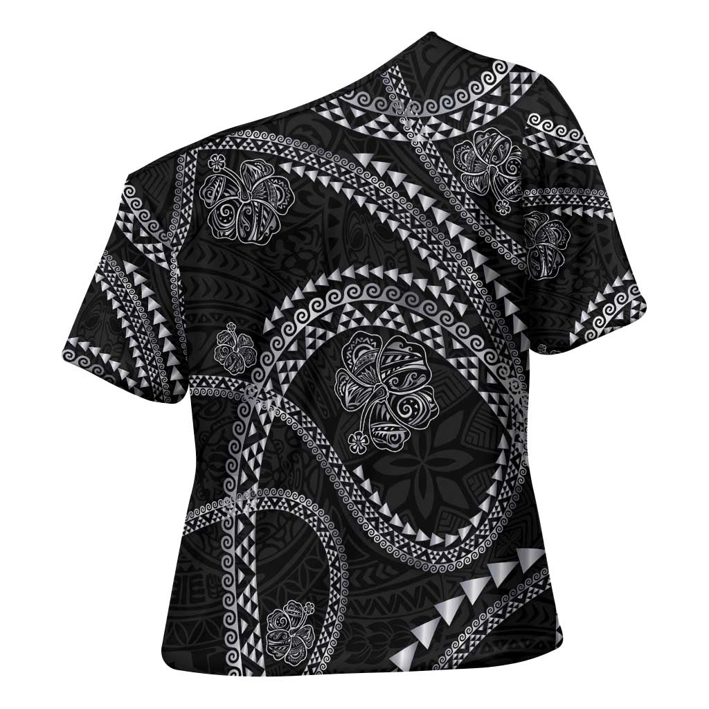 Hawaiian Kakau Art and Hisbiscus Tattoo Cross Shoulder Shirt Tribal Pattern-Silver Style - Polynesian Pride
