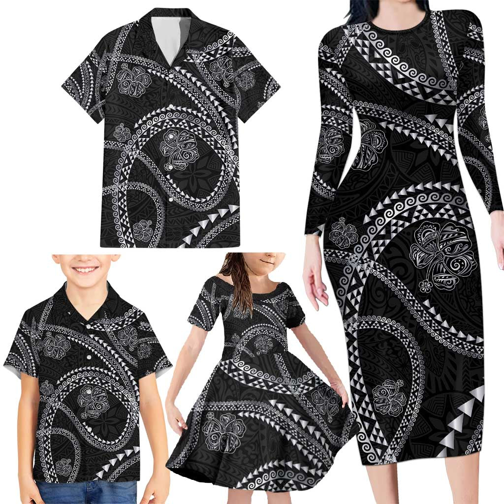 Hawaiian Kakau Art and Hisbiscus Tattoo Family Matching Long Sleeve Bodycon Dress and Hawaiian Shirt Tribal Pattern-Silver Style - Polynesian Pride