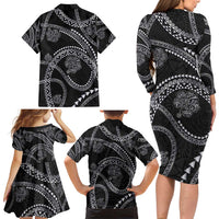 Hawaiian Kakau Art and Hisbiscus Tattoo Family Matching Long Sleeve Bodycon Dress and Hawaiian Shirt Tribal Pattern-Silver Style - Polynesian Pride