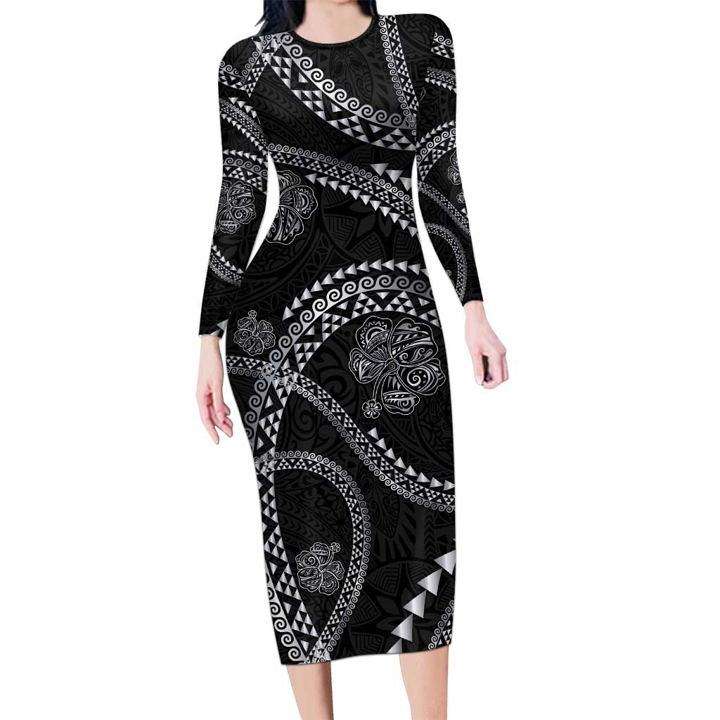 Hawaiian Kakau Art and Hisbiscus Tattoo Family Matching Long Sleeve Bodycon Dress and Hawaiian Shirt Tribal Pattern-Silver Style - Polynesian Pride