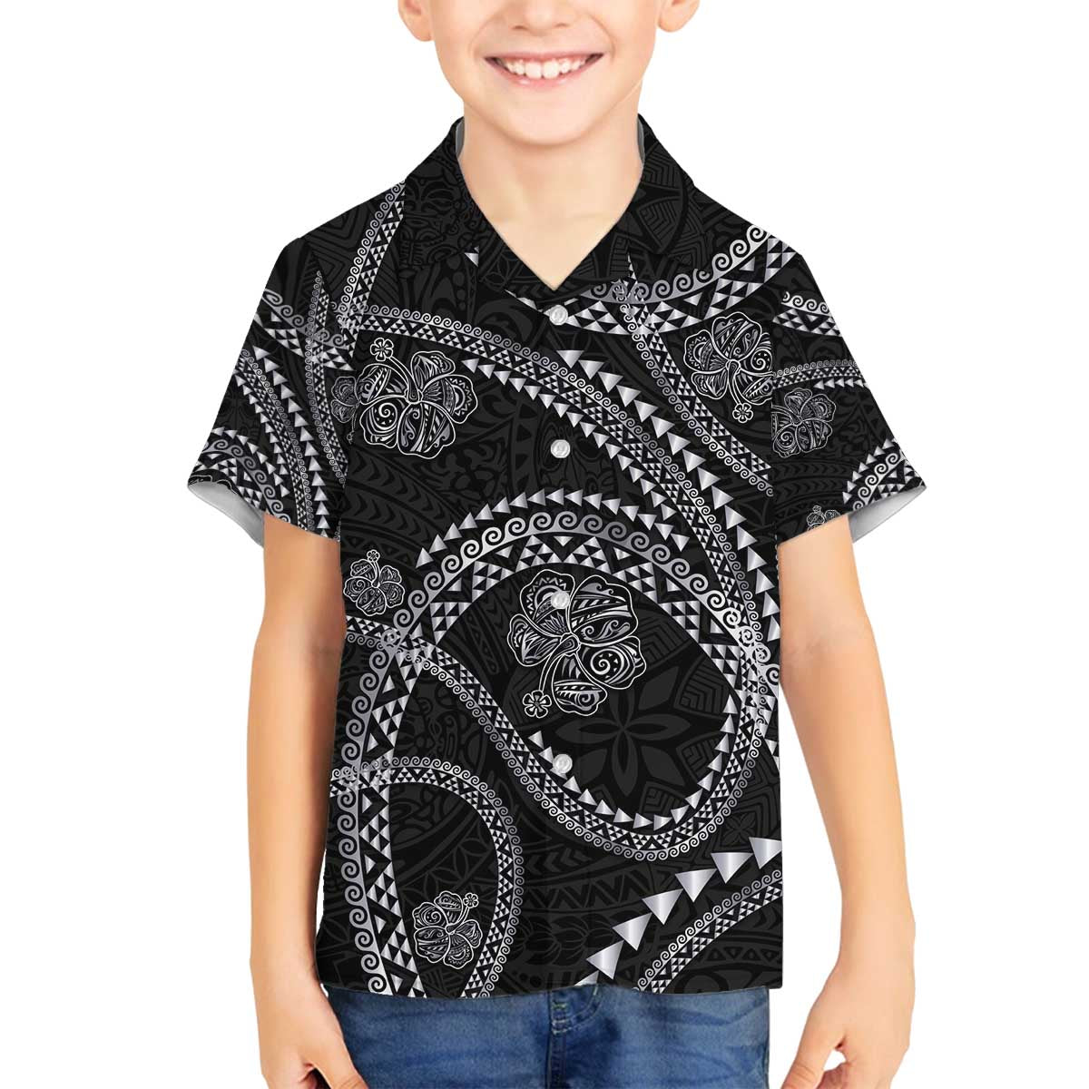 Hawaiian Kakau Art and Hisbiscus Tattoo Family Matching Off The Shoulder Long Sleeve Dress and Hawaiian Shirt Tribal Pattern-Silver Style - Polynesian Pride