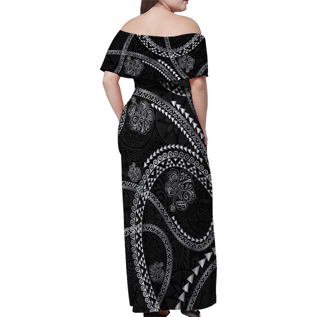 Hawaiian Kakau Art and Hisbiscus Tattoo Family Matching Off Shoulder Maxi Dress and Hawaiian Shirt Tribal Pattern-Silver Style - Polynesian Pride