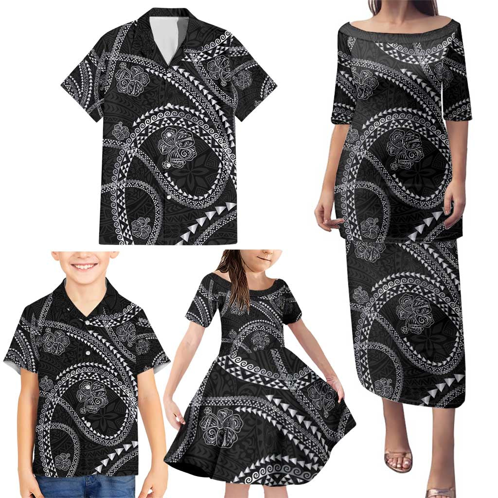 Hawaiian Kakau Art and Hisbiscus Tattoo Family Matching Puletasi and Hawaiian Shirt Tribal Pattern-Silver Style - Polynesian Pride