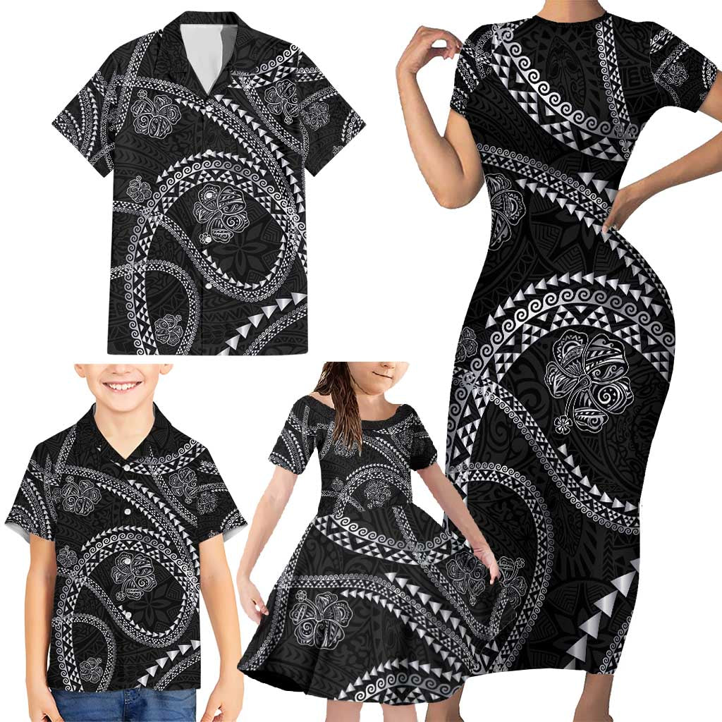 Hawaiian Kakau Art and Hisbiscus Tattoo Family Matching Short Sleeve Bodycon Dress and Hawaiian Shirt Tribal Pattern-Silver Style - Polynesian Pride