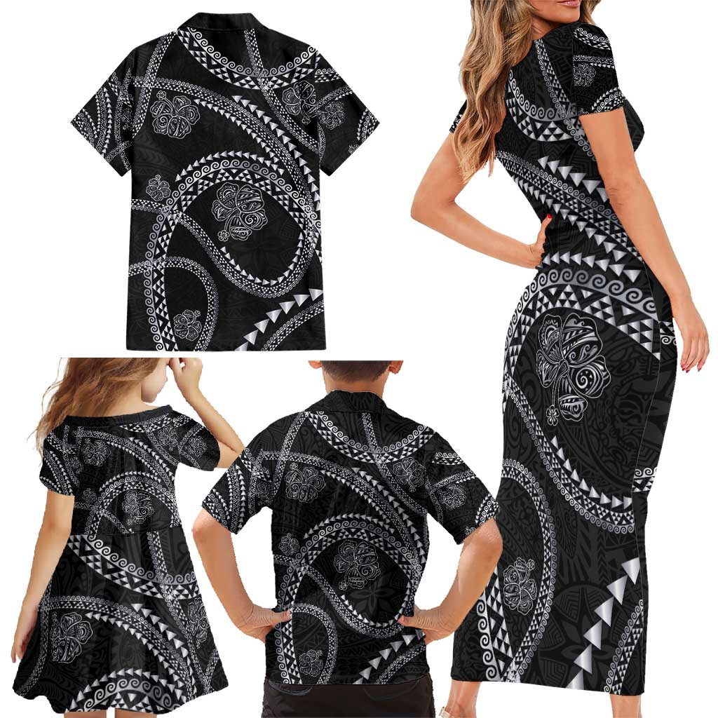 Hawaiian Kakau Art and Hisbiscus Tattoo Family Matching Short Sleeve Bodycon Dress and Hawaiian Shirt Tribal Pattern-Silver Style - Polynesian Pride