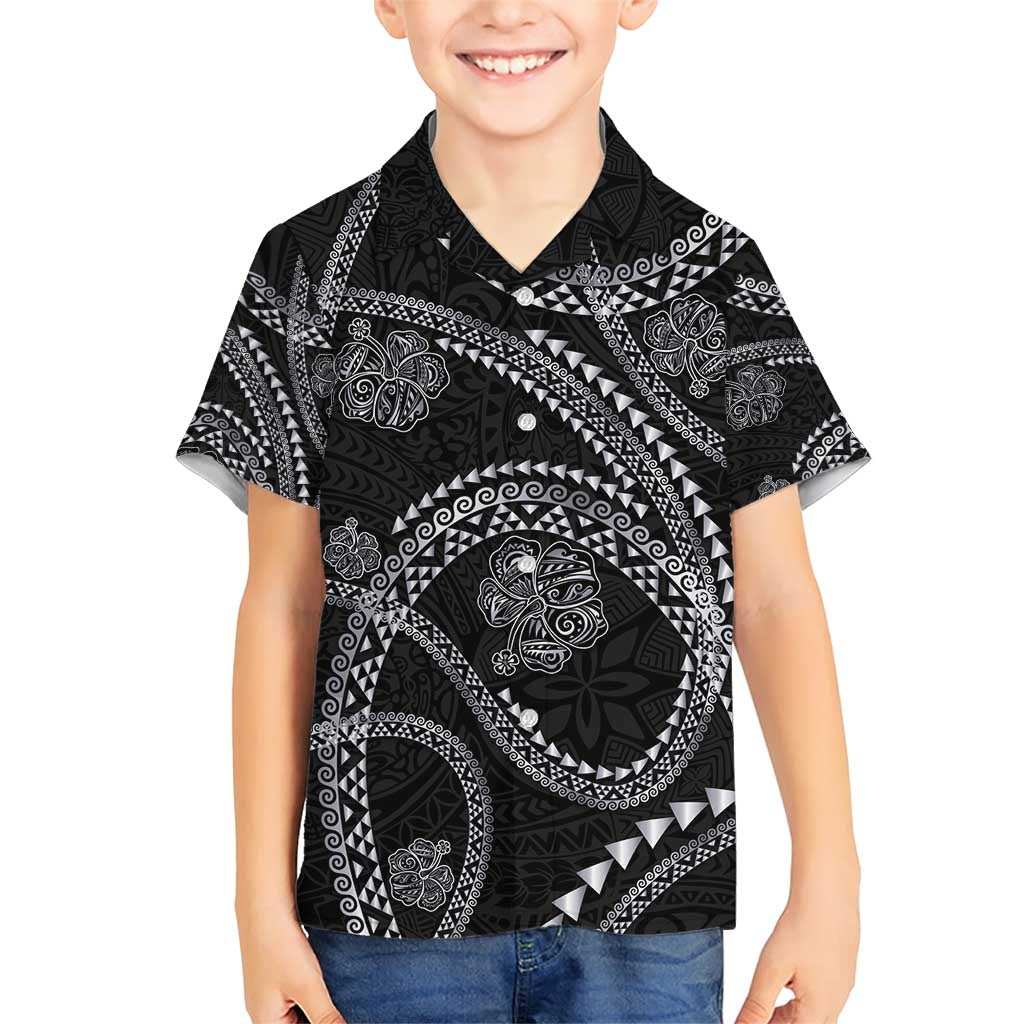 Hawaiian Kakau Art and Hisbiscus Tattoo Family Matching Short Sleeve Bodycon Dress and Hawaiian Shirt Tribal Pattern-Silver Style - Polynesian Pride