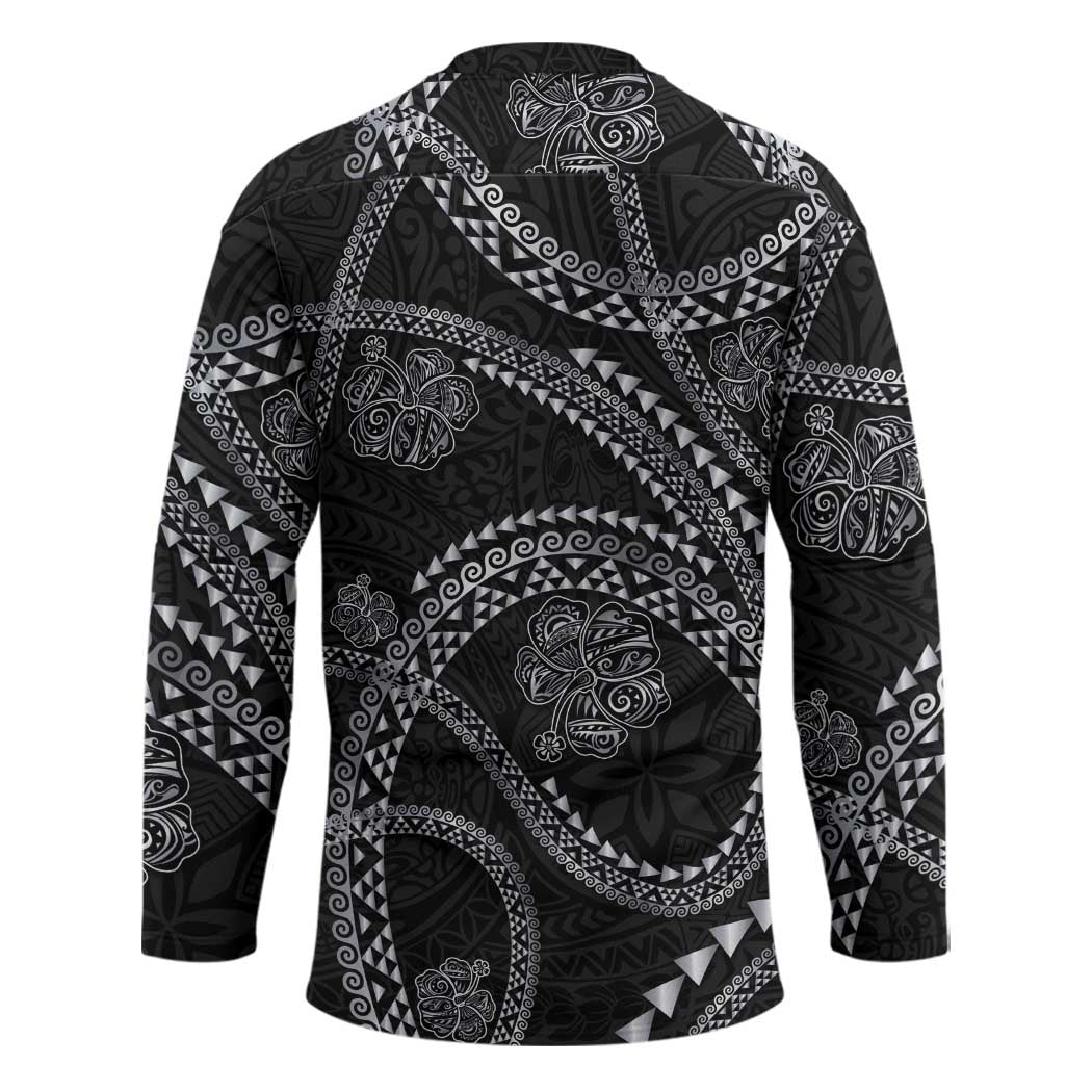 Hawaiian Kakau Art and Hisbiscus Tattoo Hockey Jersey Tribal Pattern-Silver Style - Polynesian Pride