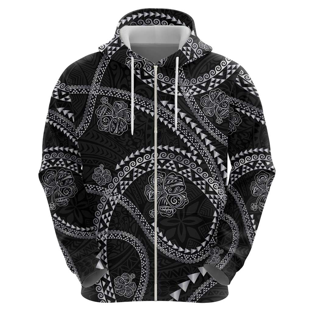 Hawaiian Kakau Art and Hisbiscus Tattoo Hoodie Tribal Pattern-Silver Style - Polynesian Pride