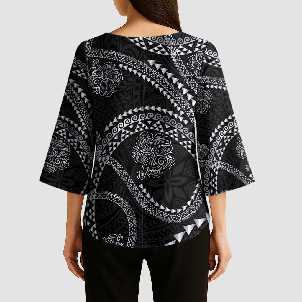 Hawaiian Kakau Art and Hisbiscus Tattoo Kimono Sleeve Blouse Tribal Pattern-Silver Style - Polynesian Pride