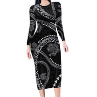 Hawaiian Kakau Art and Hisbiscus Tattoo Long Sleeve Bodycon Dress Tribal Pattern-Silver Style - Polynesian Pride