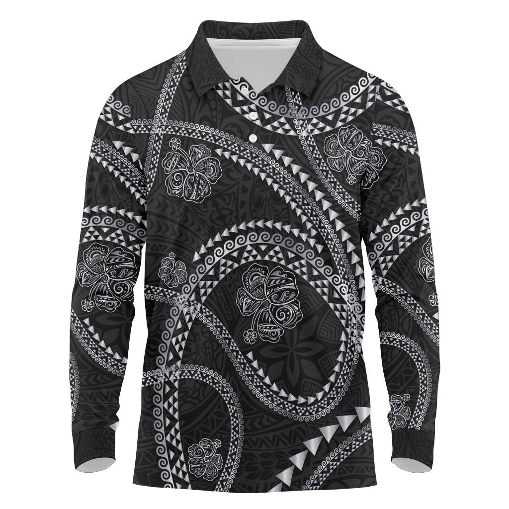 Hawaiian Kakau Art and Hisbiscus Tattoo Long Sleeve Polo Shirt Tribal Pattern-Silver Style - Polynesian Pride