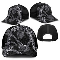Hawaiian Kakau Art and Hisbiscus Tattoo Mesh Trucker Cap Tribal Pattern-Silver Style - Polynesian Pride