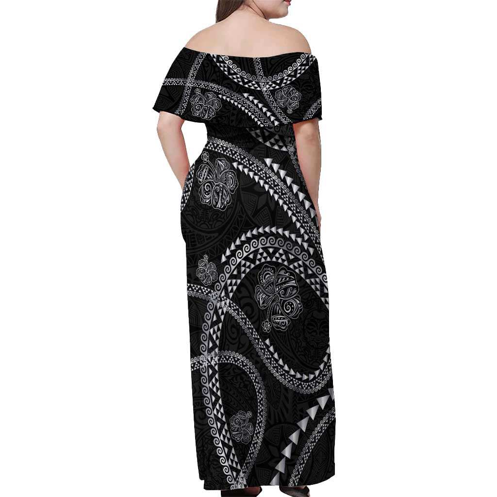 Hawaiian Kakau Art and Hisbiscus Tattoo Off Shoulder Maxi Dress Tribal Pattern-Silver Style - Polynesian Pride