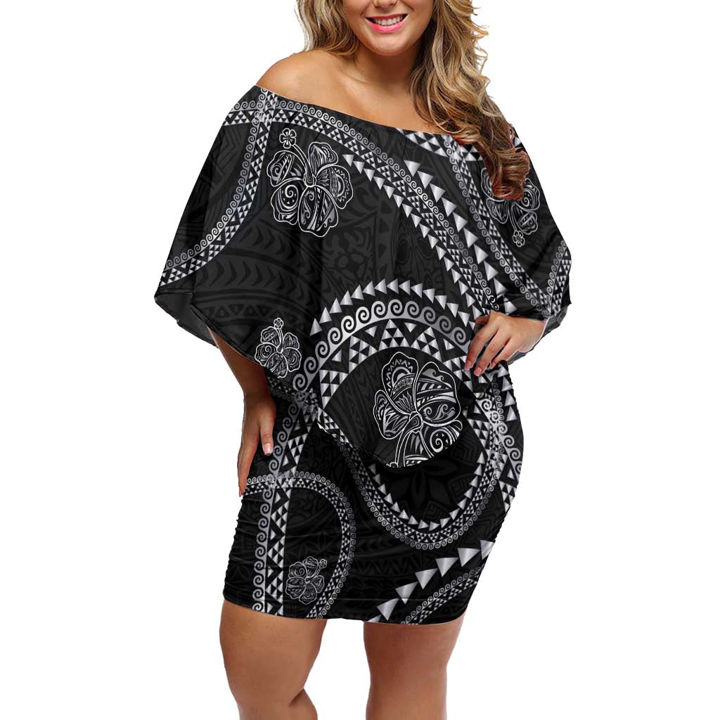 Hawaiian Kakau Art and Hisbiscus Tattoo Off Shoulder Short Dress Tribal Pattern-Silver Style - Polynesian Pride