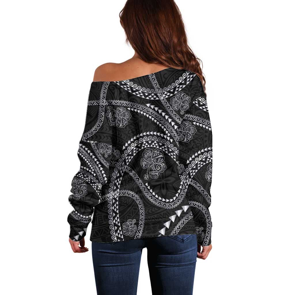 Hawaiian Kakau Art and Hisbiscus Tattoo Off Shoulder Sweater Tribal Pattern-Silver Style - Polynesian Pride