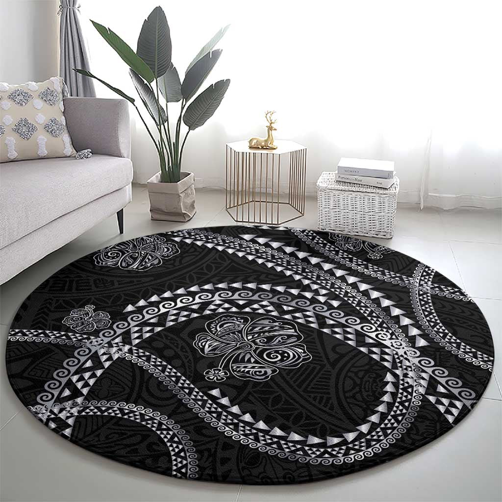 Hawaiian Kakau Art and Hisbiscus Tattoo Round Carpet Tribal Pattern-Silver Style - Polynesian Pride