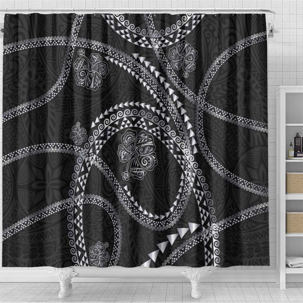 Hawaiian Kakau Art and Hisbiscus Tattoo Shower Curtain Tribal Pattern-Silver Style - Polynesian Pride