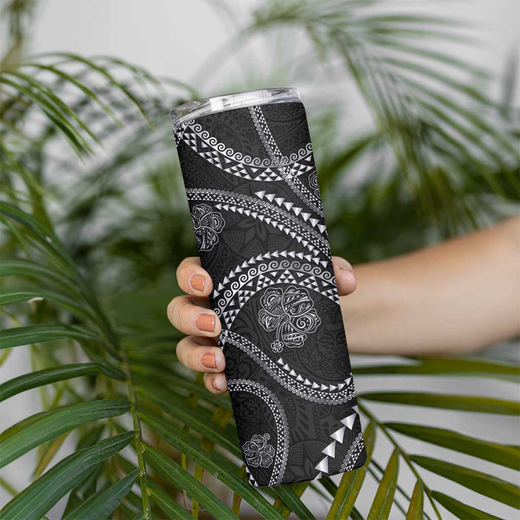 Hawaiian Kakau Art and Hisbiscus Tattoo Skinny Tumbler Tribal Pattern-Silver Style - Polynesian Pride