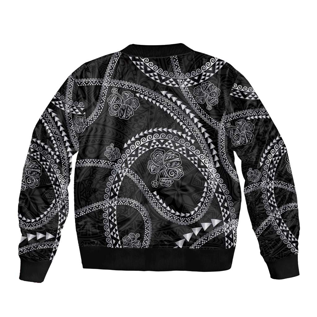 Hawaiian Kakau Art and Hisbiscus Tattoo Sleeve Zip Bomber Jacket Tribal Pattern-Silver Style - Polynesian Pride