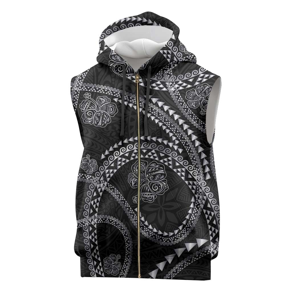 Hawaiian Kakau Art and Hisbiscus Tattoo Sleeveless Zip Hoodie Tribal Pattern-Silver Style - Polynesian Pride