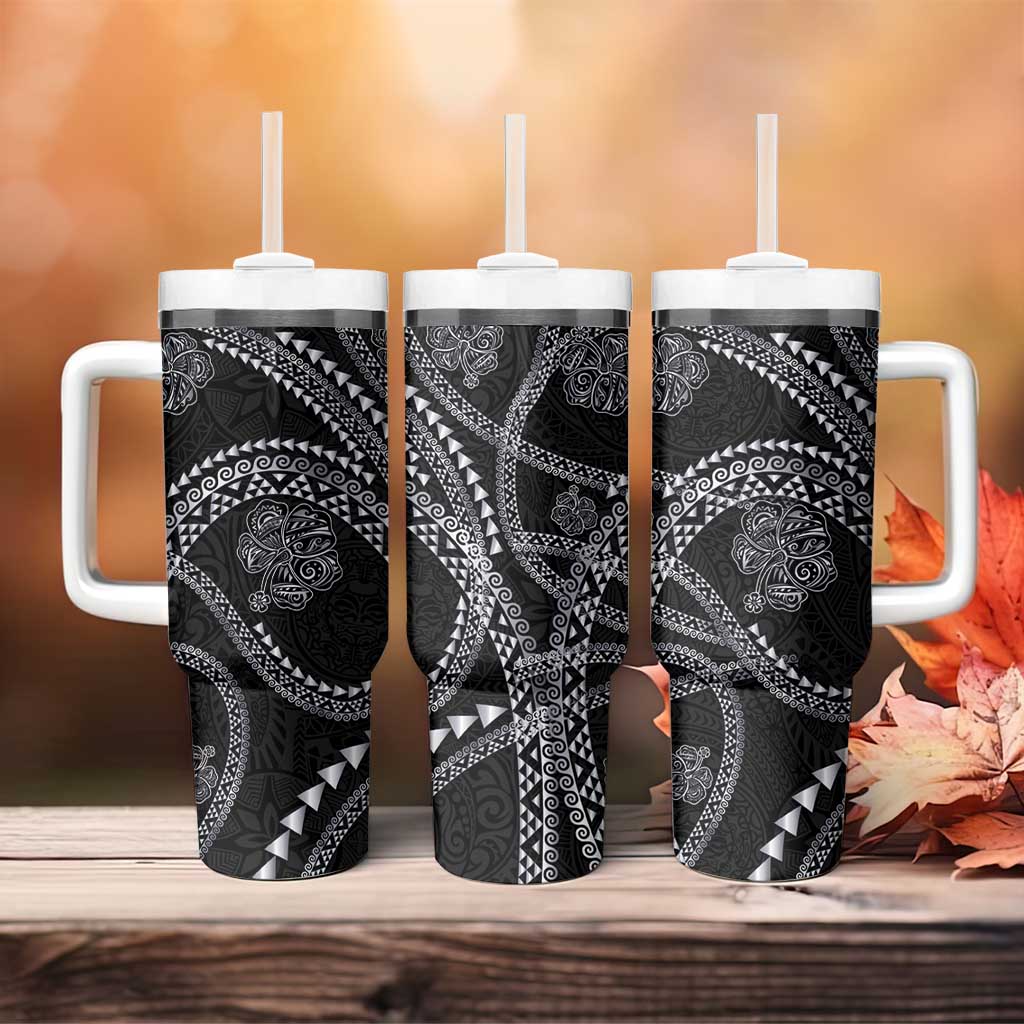 Hawaiian Kakau Art and Hisbiscus Tattoo Tumbler With Handle Tribal Pattern-Silver Style - Polynesian Pride