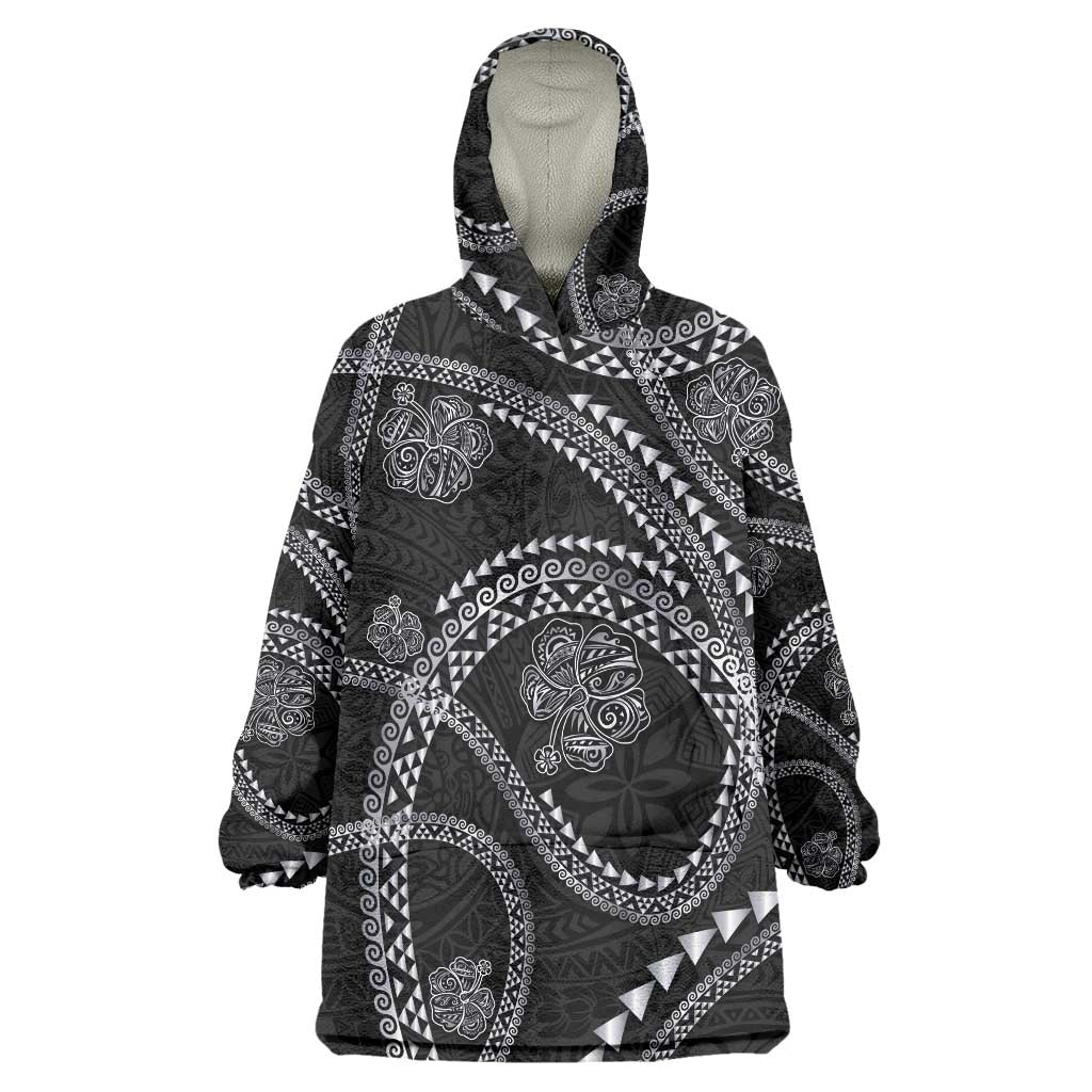 Hawaiian Kakau Art and Hisbiscus Tattoo Wearable Blanket Hoodie Tribal Pattern-Silver Style - Polynesian Pride