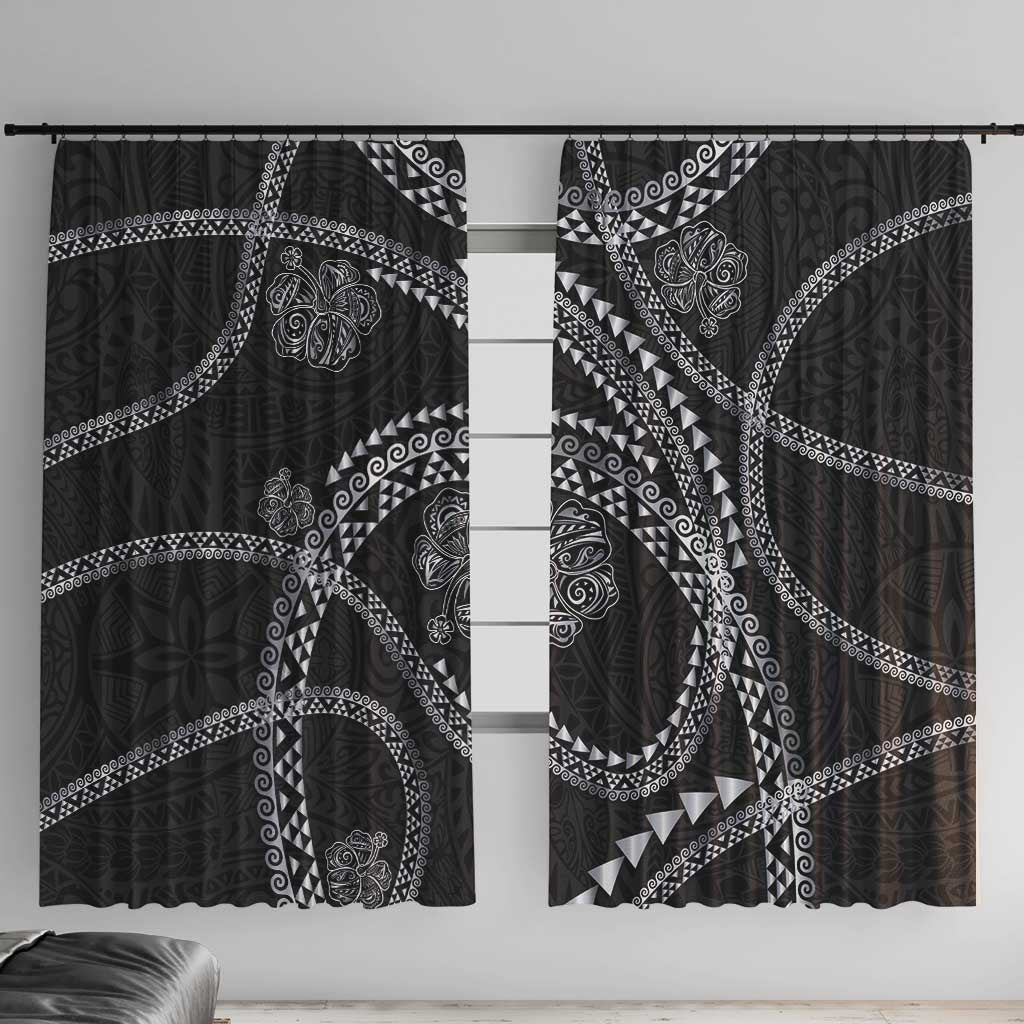 Hawaiian Kakau Art and Hisbiscus Tattoo Window Curtain Tribal Pattern-Silver Style - Polynesian Pride