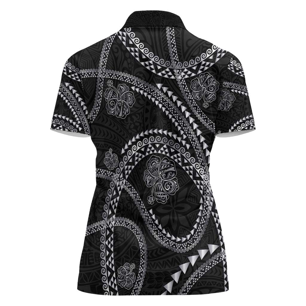 Hawaiian Kakau Art and Hisbiscus Tattoo Women Polo Shirt Tribal Pattern-Silver Style - Polynesian Pride