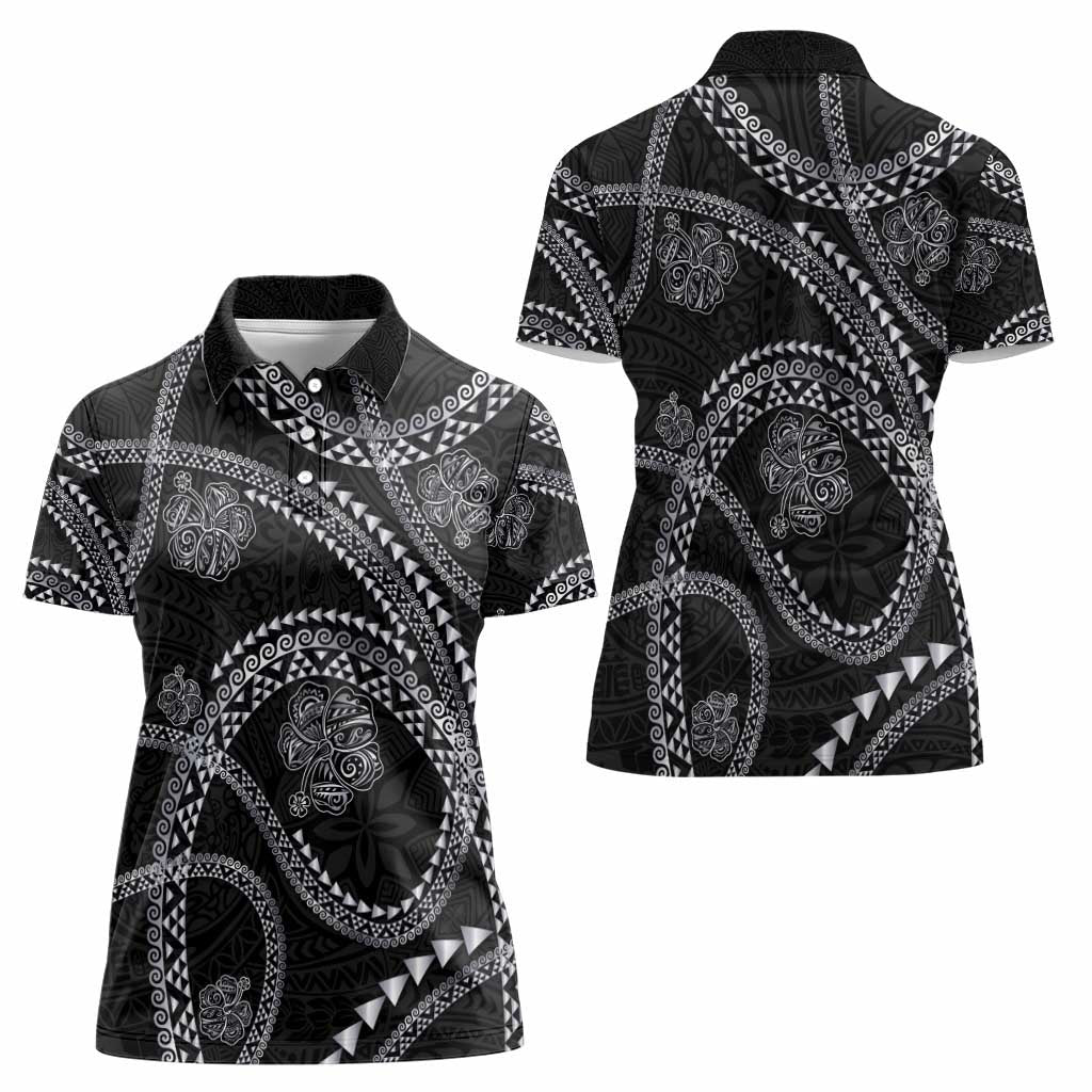 Hawaiian Kakau Art and Hisbiscus Tattoo Women Polo Shirt Tribal Pattern-Silver Style - Polynesian Pride