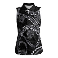 Hawaiian Kakau Art and Hisbiscus Tattoo Women Sleeveless Polo Shirt Tribal Pattern-Silver Style - Polynesian Pride