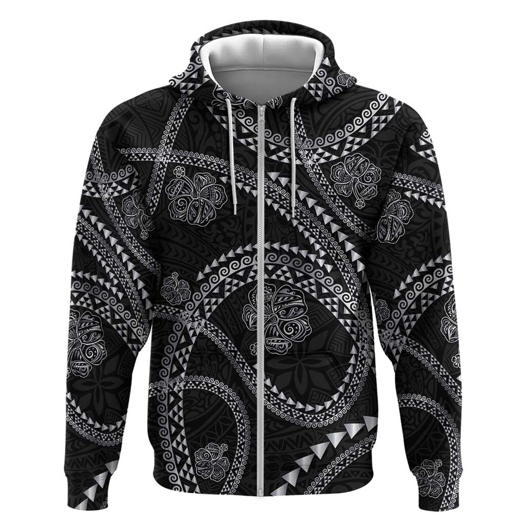 Hawaiian Kakau Art and Hisbiscus Tattoo Zip Hoodie Tribal Pattern-Silver Style - Polynesian Pride