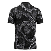 Hawaiian Kakau Art and Hisbiscus Tattoo Zipper Polo Shirt Tribal Pattern-Silver Style - Polynesian Pride