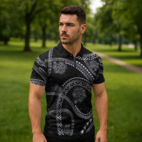 Hawaiian Kakau Art and Hisbiscus Tattoo Zipper Polo Shirt Tribal Pattern-Silver Style - Polynesian Pride