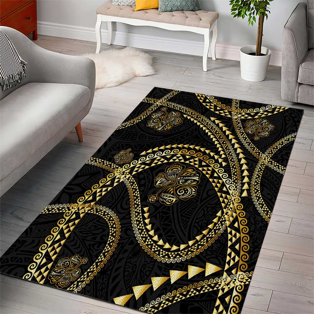 Hawaiian Kakau Art and Hisbiscus Tattoo Area Rug Tribal Pattern-Gold Style - Polynesian Pride