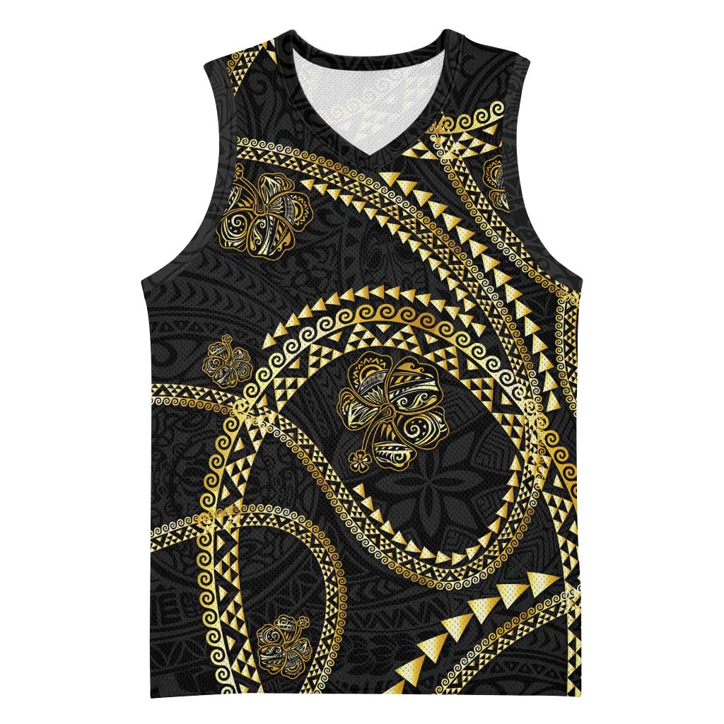 Hawaiian Kakau Art and Hisbiscus Tattoo Basketball Jersey Tribal Pattern-Gold Style - Polynesian Pride