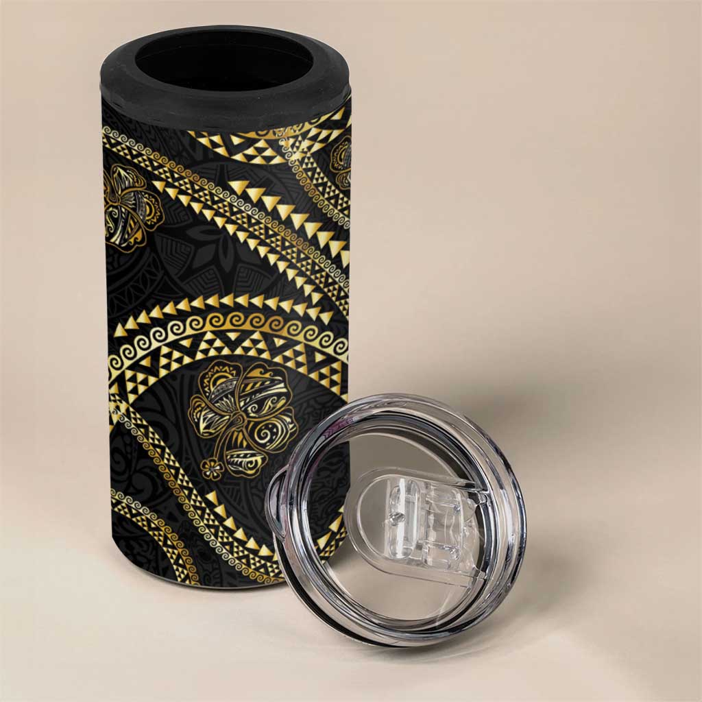 Hawaiian Kakau Art and Hisbiscus Tattoo 4 in 1 Can Cooler Tumbler Tribal Pattern-Gold Style - Polynesian Pride