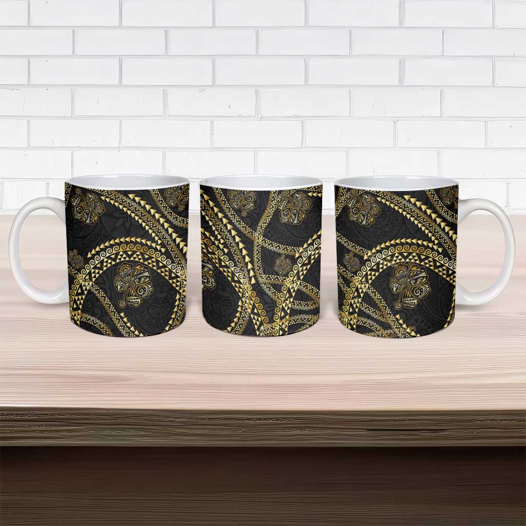 Hawaiian Kakau Art and Hisbiscus Tattoo Ceramic Mug Tribal Pattern-Gold Style - Polynesian Pride