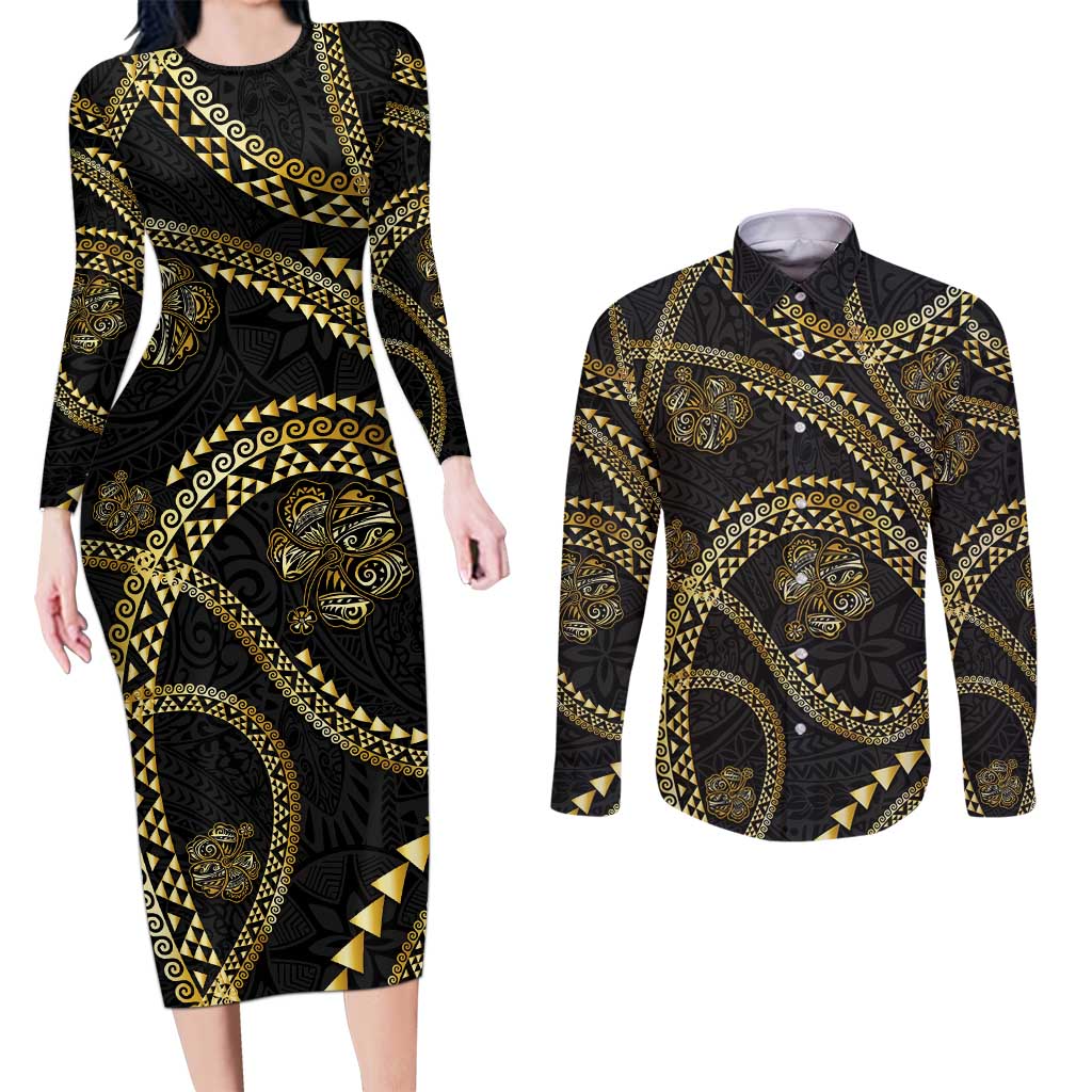 Hawaiian Kakau Art and Hisbiscus Tattoo Couples Matching Long Sleeve Bodycon Dress and Long Sleeve Button Shirt Tribal Pattern-Gold Style - Polynesian Pride