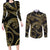 Hawaiian Kakau Art and Hisbiscus Tattoo Couples Matching Long Sleeve Bodycon Dress and Long Sleeve Button Shirt Tribal Pattern-Gold Style - Polynesian Pride