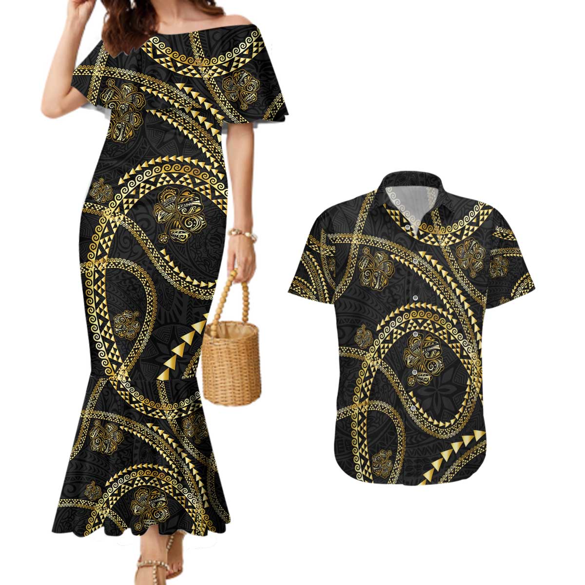 Hawaiian Kakau Art and Hisbiscus Tattoo Couples Matching Mermaid Dress and Hawaiian Shirt Tribal Pattern-Gold Style - Polynesian Pride